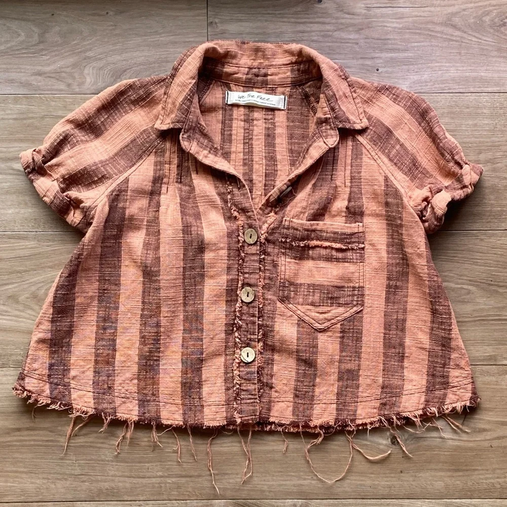 Free People Peach and Brown Striped Button-Down Shirt - Picture 1 of 8